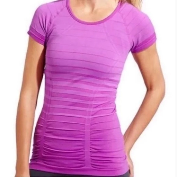 Athleta Fastest Track Stripe Tee Shirt w/Ruched Stretch, Berry/Purple, size S - Picture 1 of 5